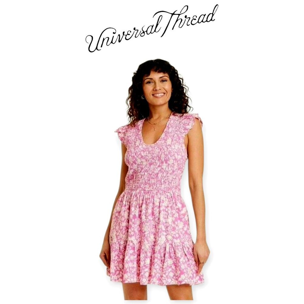 Universal Thread Pink Floral Smocked Ruffle Sleeve Mini Dress Size Large Cotton